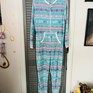 Secret Treasures turquoise fleece pajama with pink & white accents
